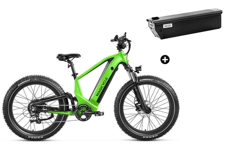 Green Magicycle Deer full suspension ebike SUV with battery pack for off-road use.