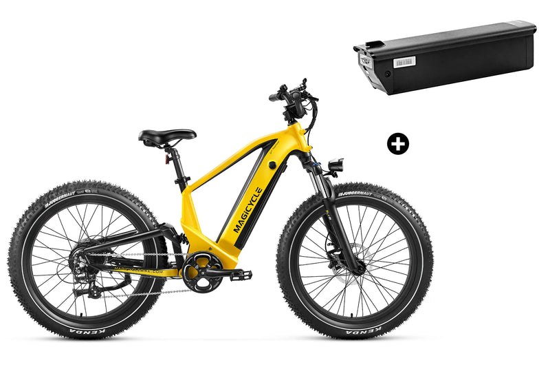 Magicycle Deer yellow full suspension ebike SUV with battery pack for off-road use.