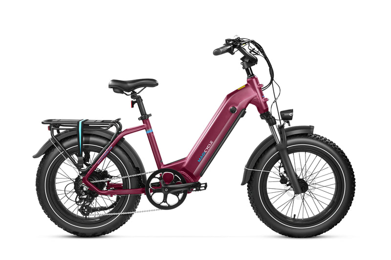 Maroon Magicycle Ocelot Pro Step-Thru Fat Tire Electric Bike with bike rack