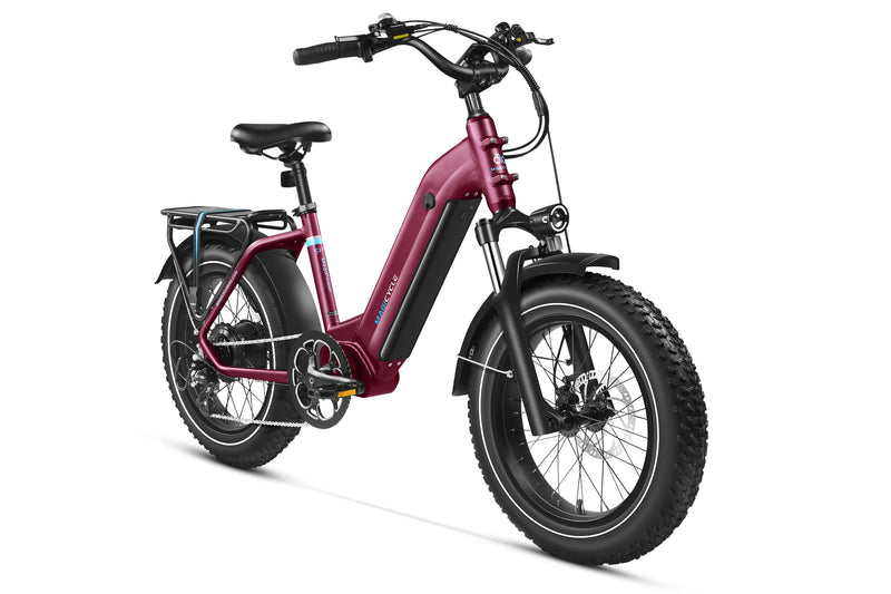 Maroon Magicycle Ocelot Pro Step-Thru Fat Tire Electric Bike with removable battery and bike rack