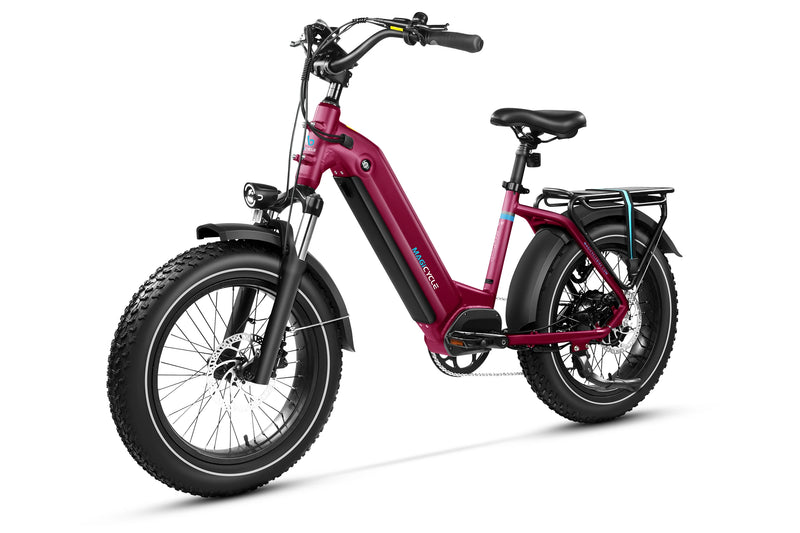 Maroon Magicycle Ocelot Pro Step-Thru Fat Tire Electric Bike with removable battery.