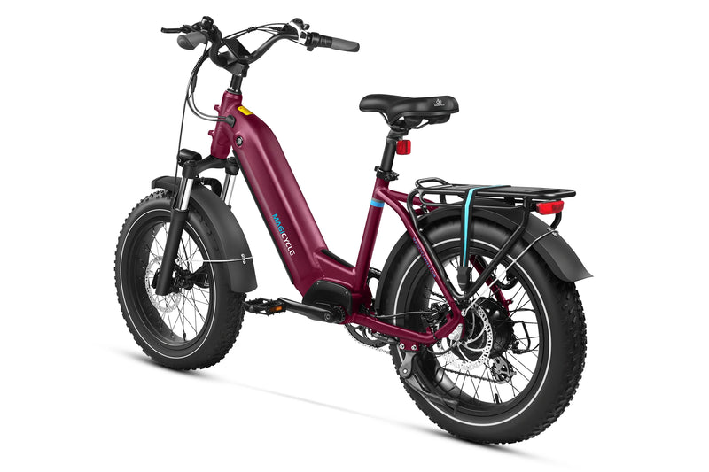 Maroon Magicycle Ocelot Pro 2.0 fat tire electric bike with rear rack