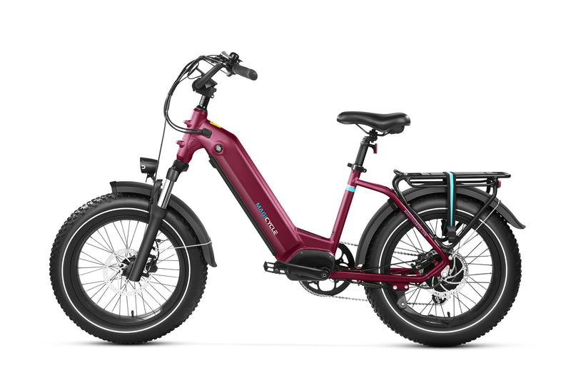 Maroon Magicycle Ocelot Pro Step-Thru Fat Tire Electric Bike with bike rack