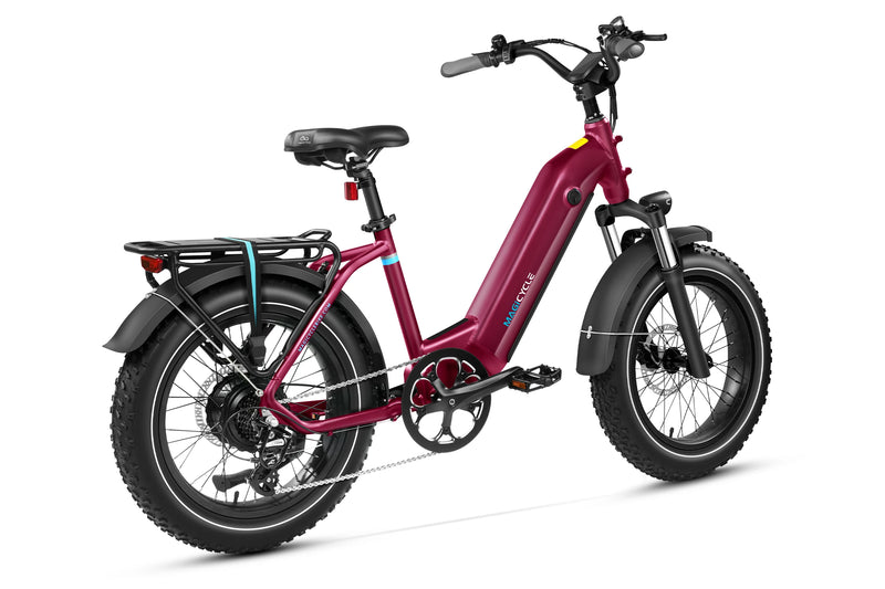 Magicycle Ocelot Pro maroon fat tire electric bike with bike rack.