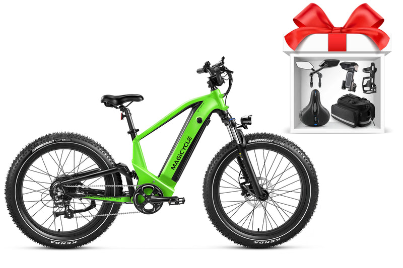 Magicycle Deer electric bike in green for off-road adventures with accessories included