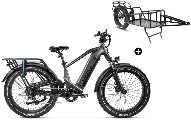 Black Magicycle Deer e-bike with cargo trailer for outdoor adventures.