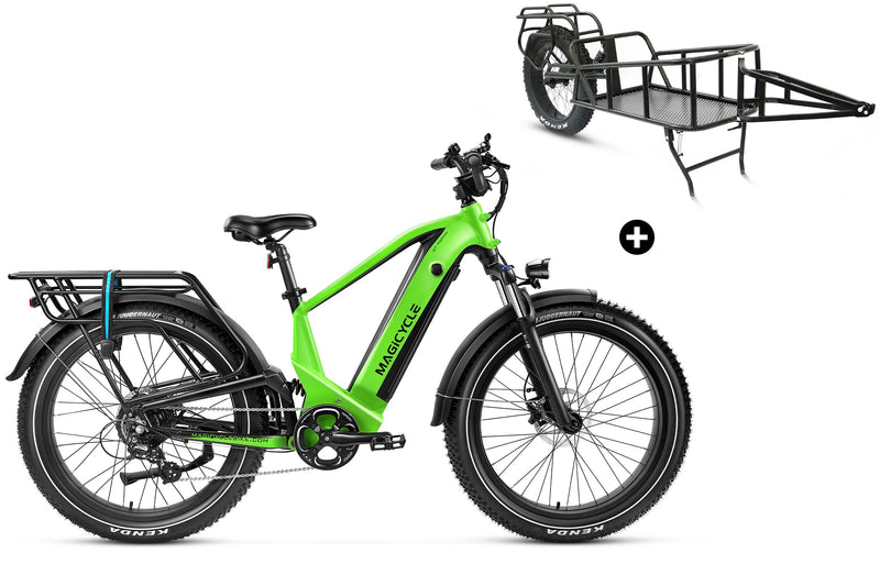 Green Magicycle Deer e-bike with cargo trailer for outdoor activities and adventures.