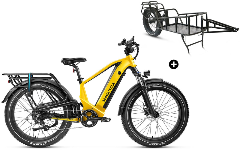 Magicycle Deer yellow e-bike with cargo trailer for outdoor adventures