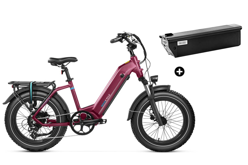 Maroon Magicycle Ocelot Pro Step-Thru Fat Tire Electric Bike with removable battery