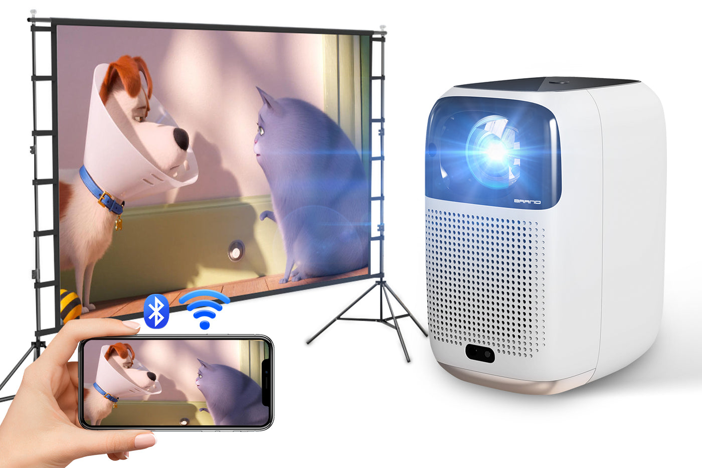 1080p WiFi Bluetooth Portable Smart TV Projector with Projector Screen and Stand, Support 4K, 4D 4P Keystone, Digital Zoom