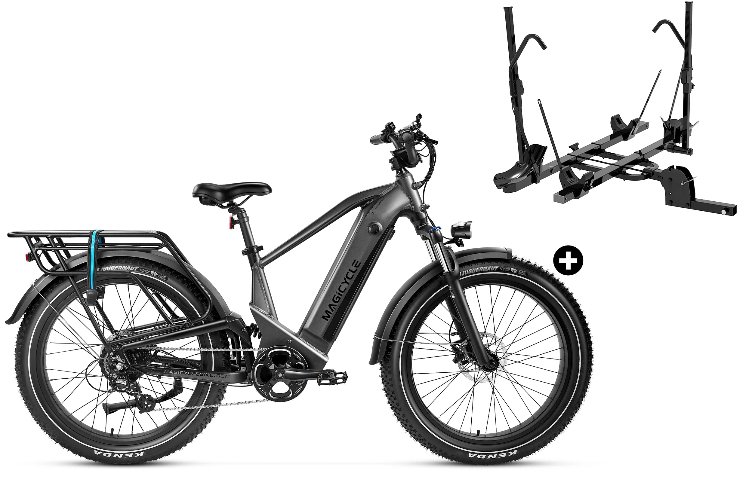 Magicycle Deer E-Bike and Hitch Bike Rack for adventure commuting.