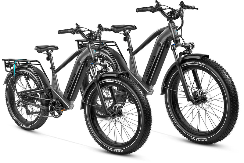 Sleek black Magicycle electric bikes with fat tires for outdoor adventures.