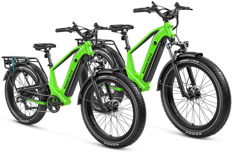 Vibrant green Magicycle electric bikes with fat tires for thrilling outdoor adventures.