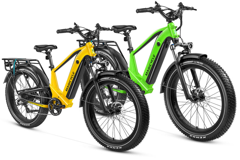 Magicycle electric bikes in yellow and green with fat tires designed for outdoor adventures.