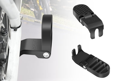Adjustable black footrest pegs for rear passengers on electric bikes.