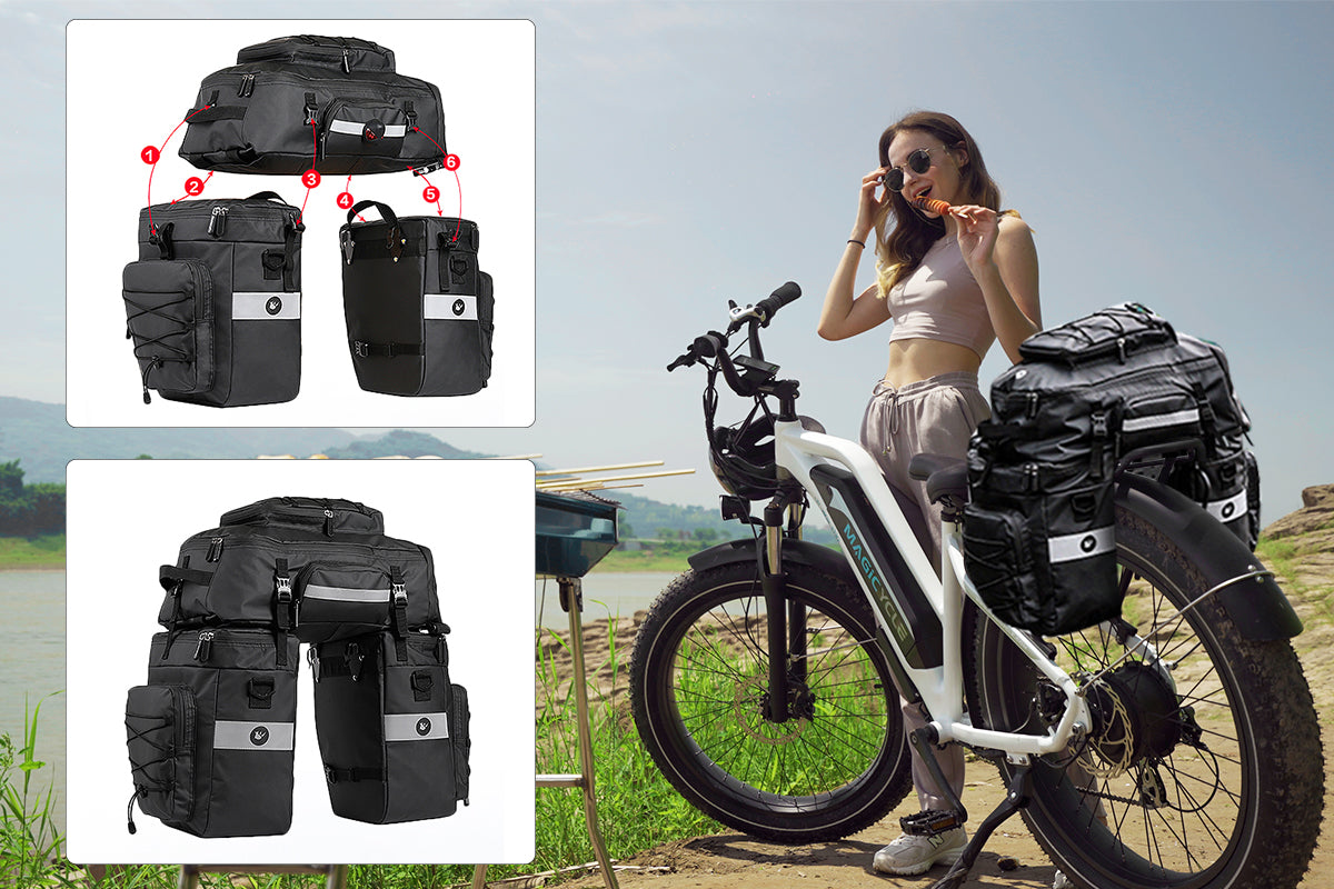 Woman adjusting sunglasses near Rhinowalk 65L ebike bag set on white electric bike.