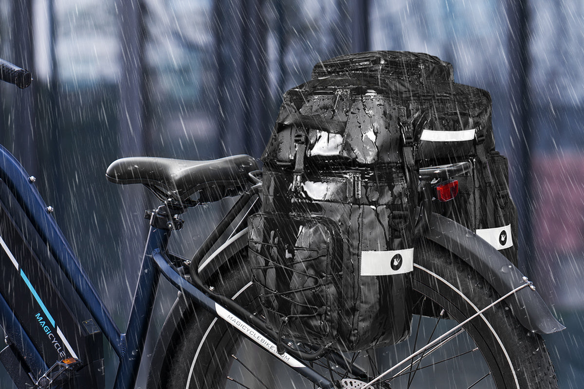 Rhinowalk 65L waterproof ebike bag set on bike in heavy rain showing durability.
