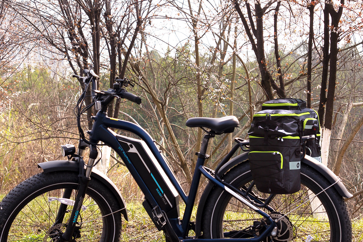 Rhinowalk 65L ebike bag attached to blue electric bike in spring landscape.