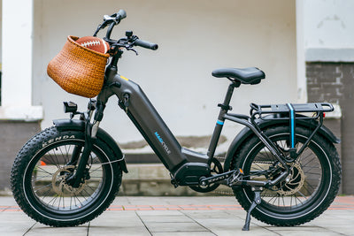 Rattan bike basket on Magicycle ebike with football, showcasing stylish design and utility.