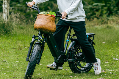 Handmade wicker bicycle basket on ebike, filled with fresh vegetables, casual ride.