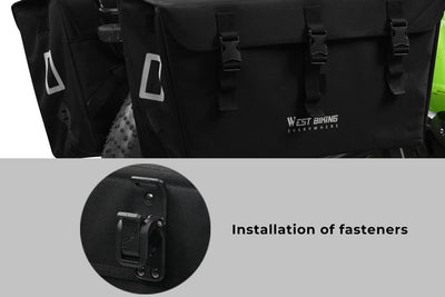 Secure fasteners for black cargo pannier bags on a bicycle for stable storage.