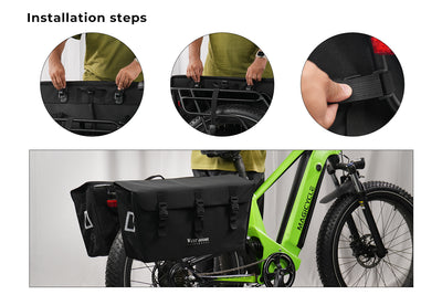 Steps to install large black cargo pannier bags on green electric bike.