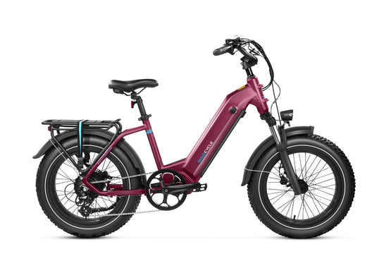 Maroon Magicycle Ocelot Pro Step-Thru Fat Tire Electric Bike with bike rack