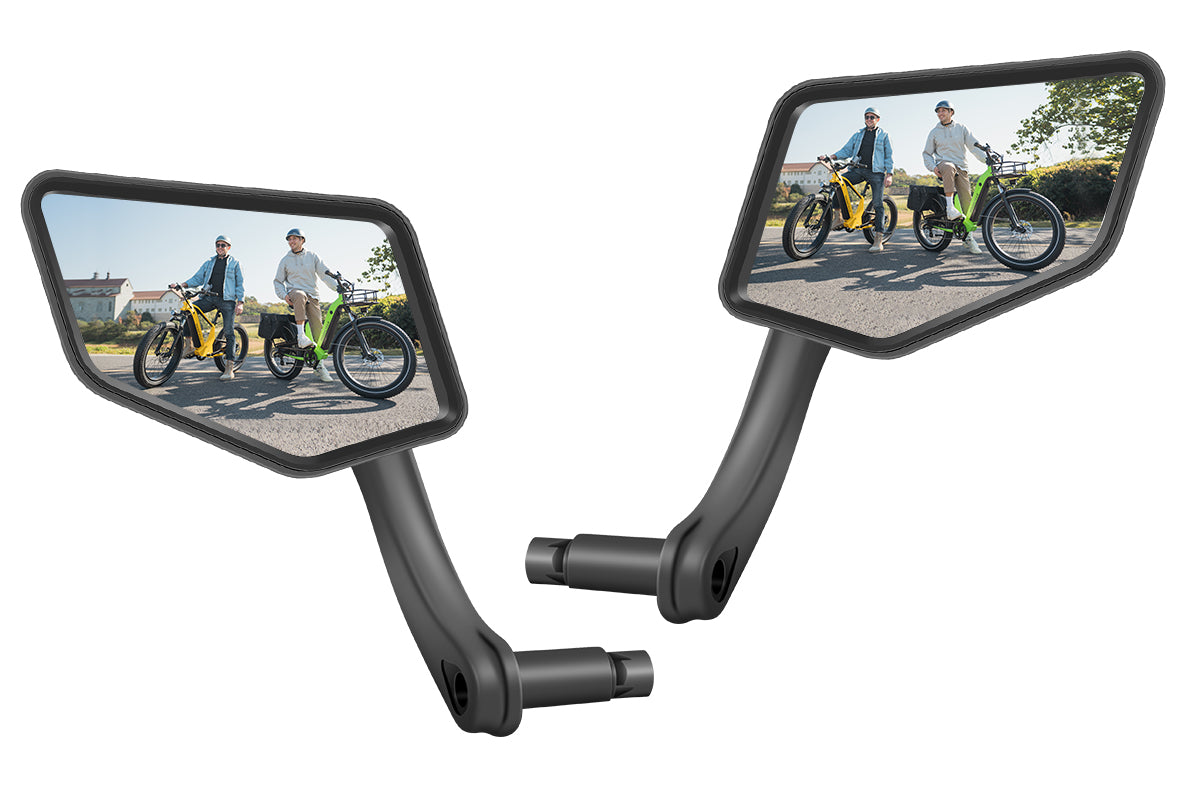 Ebike rearview mirrors with wide view, showcasing two riders on e-bikes.