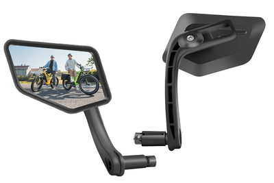 Adjustable ebike rearview mirrors with two riders on electric bikes in background.