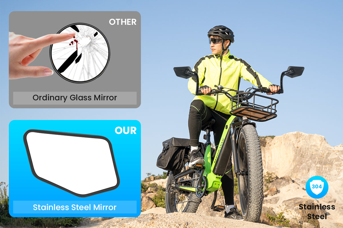 Comparison of glass and stainless steel ebike mirrors with rider on electric bike