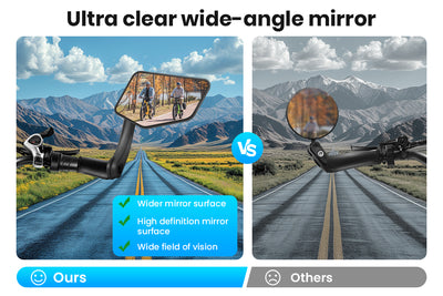 Ultra clear wide-angle ebike mirrors comparison showing riders and mountain scenery.