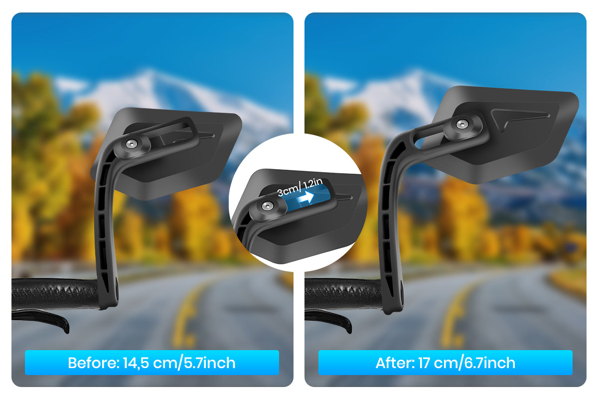 Adjustable length of ebike rearview mirror, showing before and after lengths.