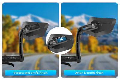 Adjustable length of ebike rearview mirror, showing before and after lengths.