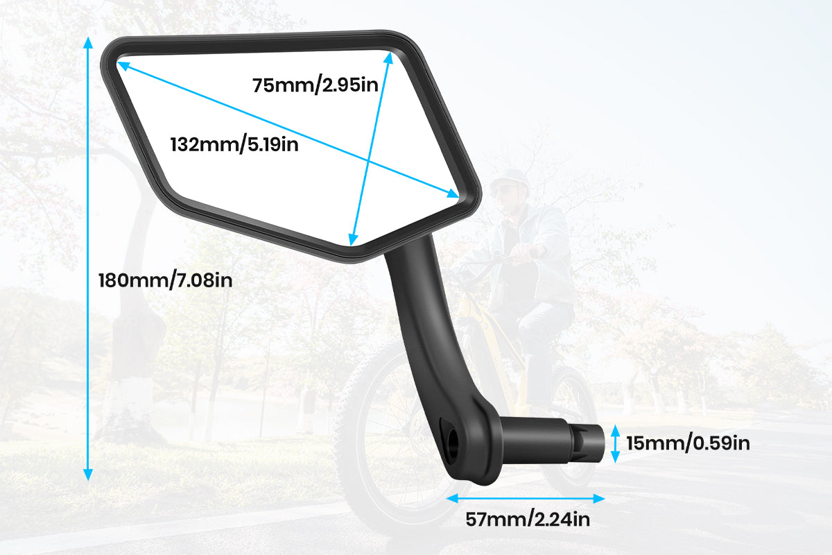 Dimensions of adjustable ebike rearview mirror with sleek design.