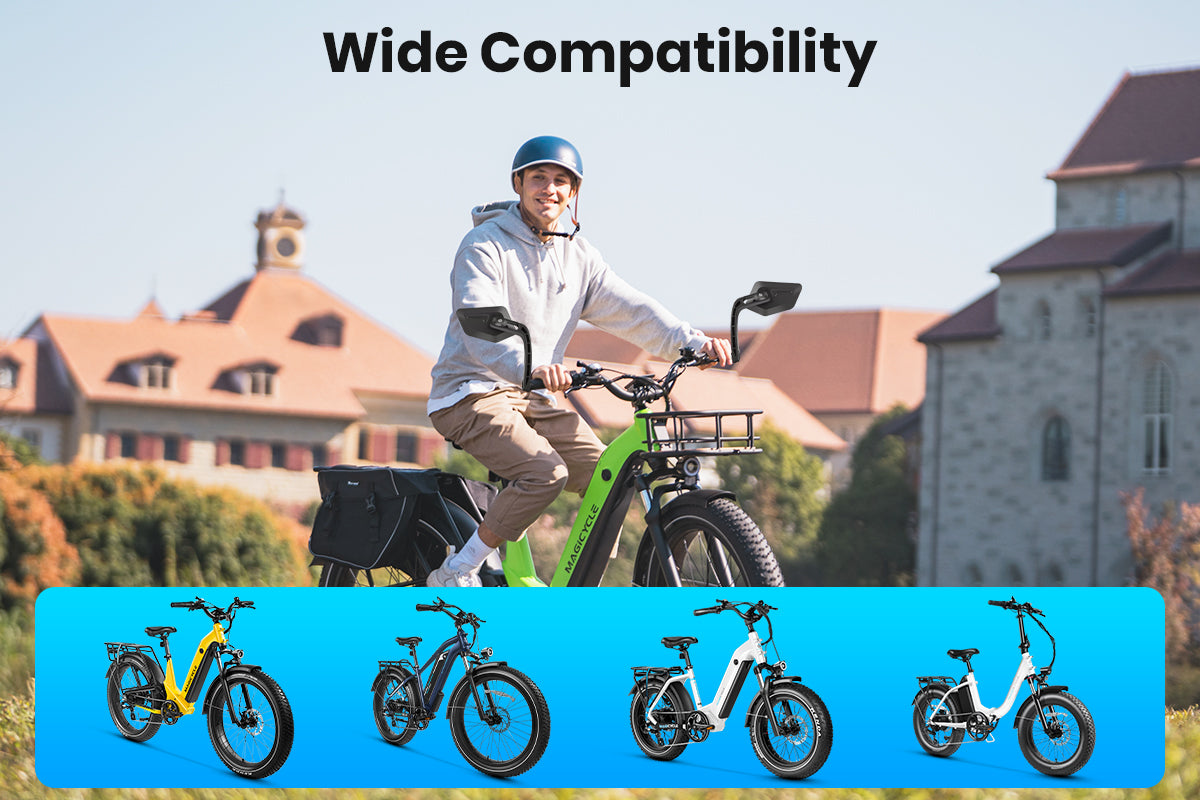 Man on electric bike with various compatible ebikes displayed below.