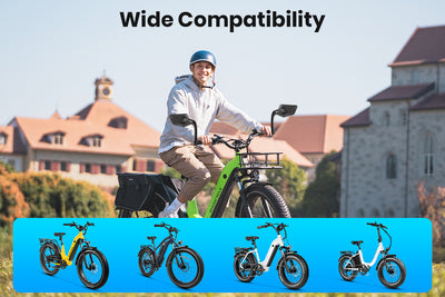 Man on electric bike with various compatible ebikes displayed below.