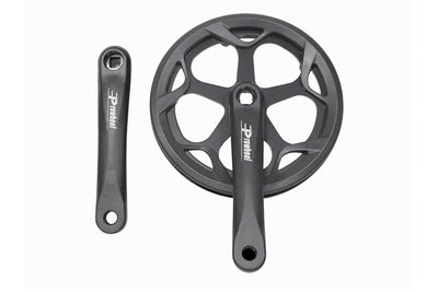 Dual-sided aluminum Magicycle E-bike crank set with circular chainring.