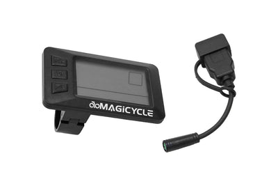 Magicycle ebike display featuring control buttons and information screen.
