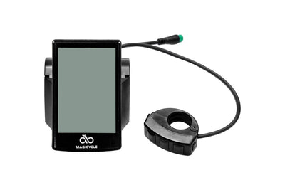 Magicycle ebike display unit with speed, battery indicator, and control interface.