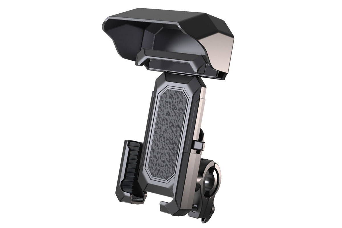 Bike phone mount holder with rain and shade shield for secure phone access.