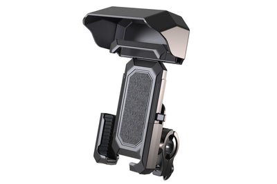 Bike phone mount holder with rain and shade shield for secure phone access.