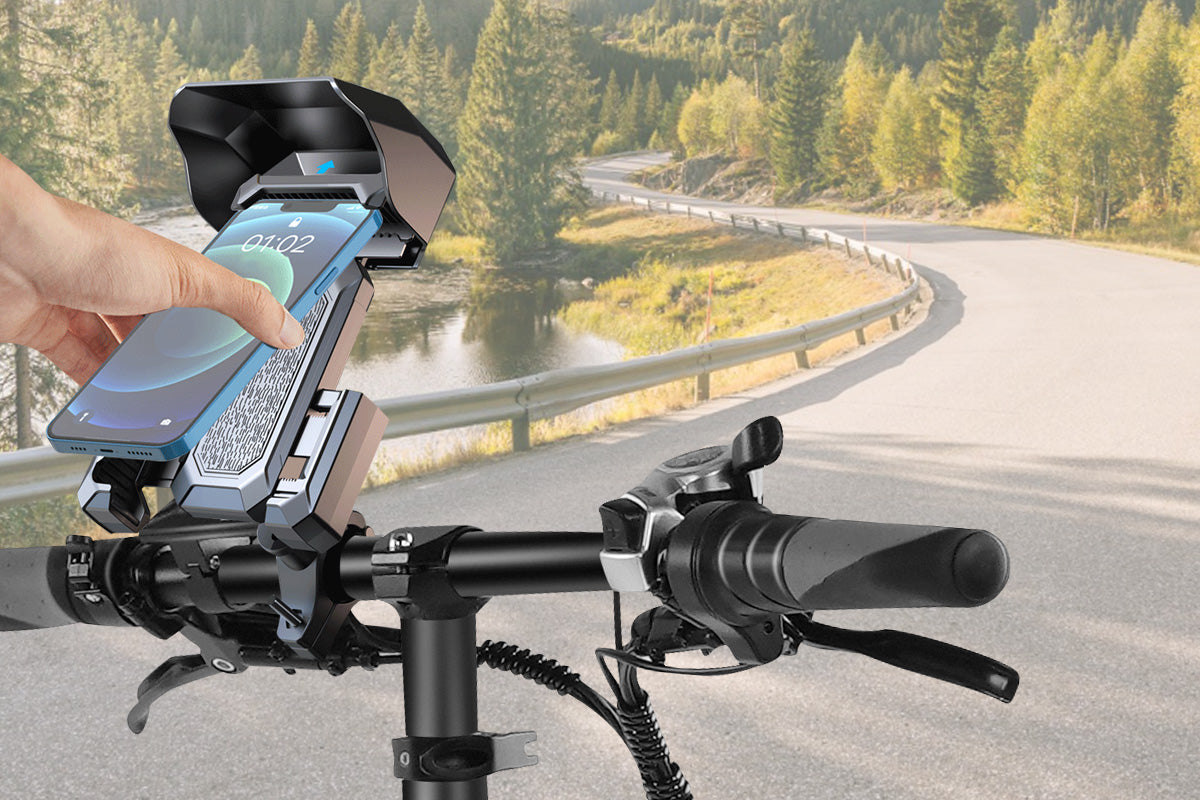 Bike phone mount with rain shield securely holding smartphone on handlebars.