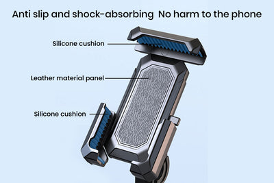Bike phone mount showing anti-slip and shock-absorbing silicone cushion features.