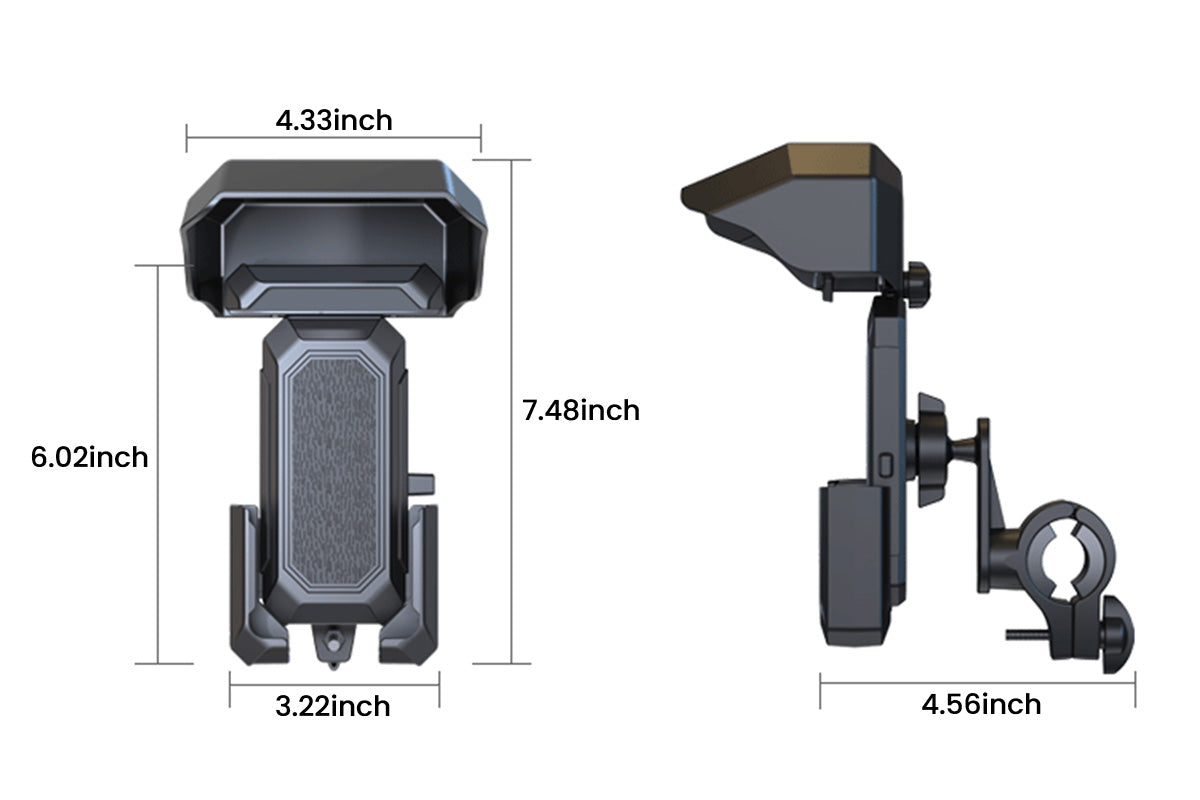 Dimensions of bike phone mount holder: 6.02" height, 4.33" width, 4.56" depth.