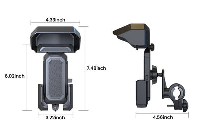 Dimensions of bike phone mount holder: 6.02" height, 4.33" width, 4.56" depth.