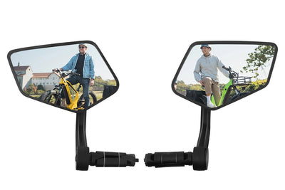 Extra-large handlebar ebike mirrors with cyclists on electric bikes.