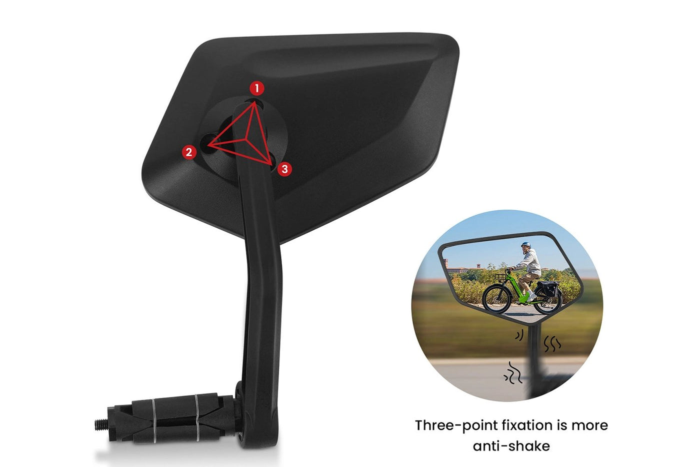 Extra-large handlebar ebike mirror showcasing three-point fixation for stability.