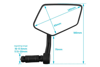Dimensions of extra-large ebike mirror with 360° rotation for enhanced rear visibility.