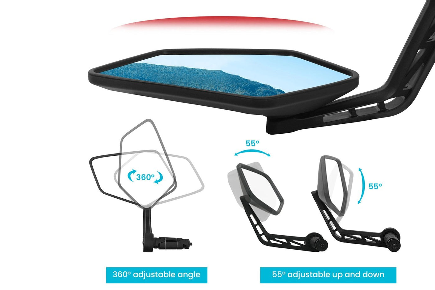 360° adjustable angle and 55° tilt design of Magicycle extra-large ebike mirror.