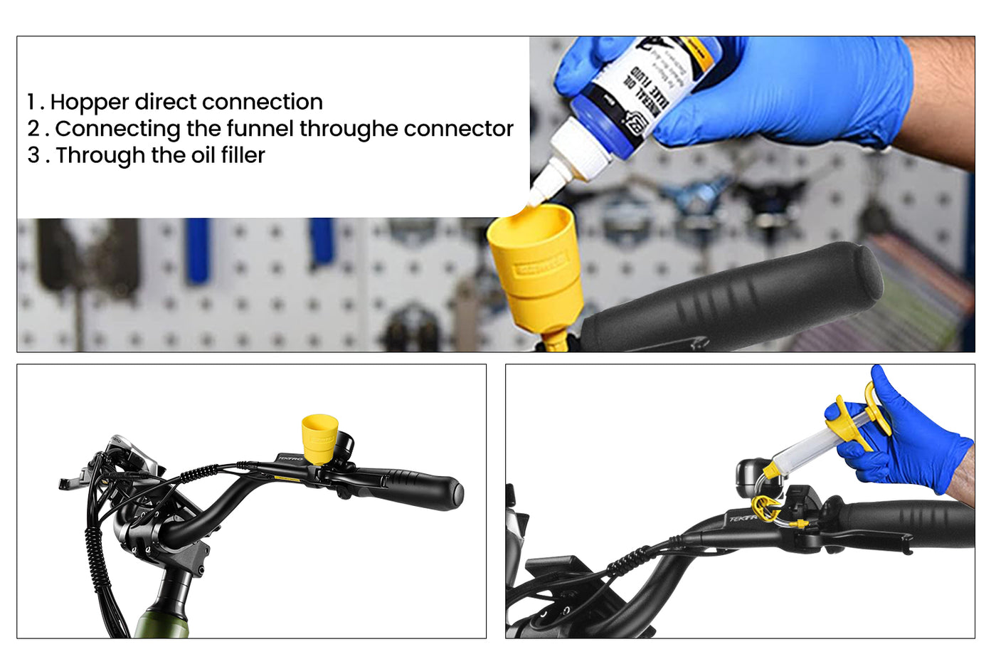 Injecting fluid into hydraulic brake funnel on Magicycle ebike handlebar.
